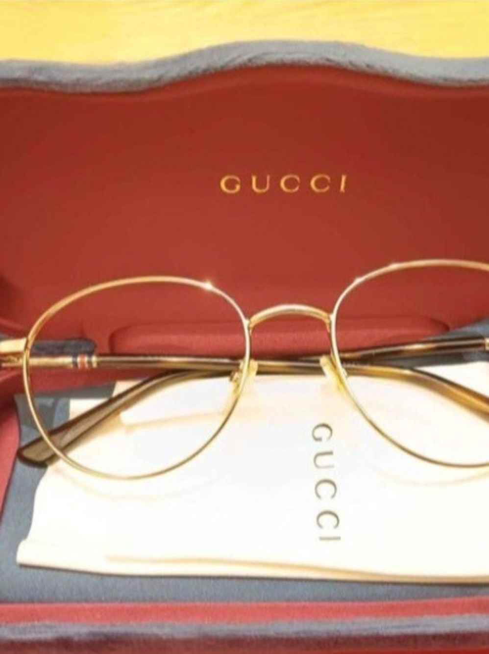 GUCCI Gold Round Eyeglasses Frames with Brown Temples